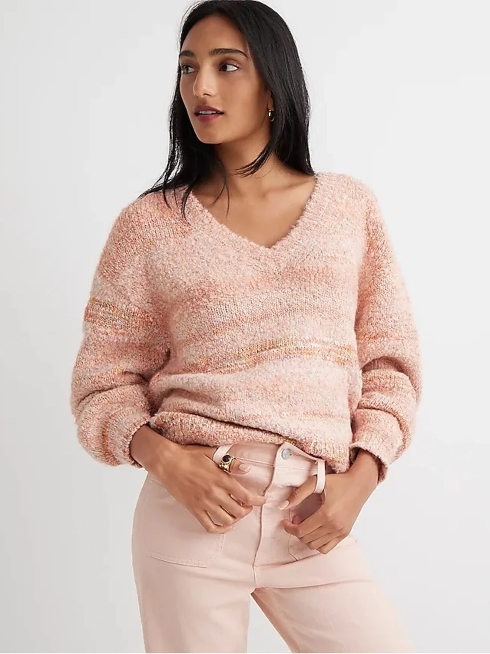 J. CREW Puff-sleeve V-neck sweater in space dye Wool Alpaca Blend